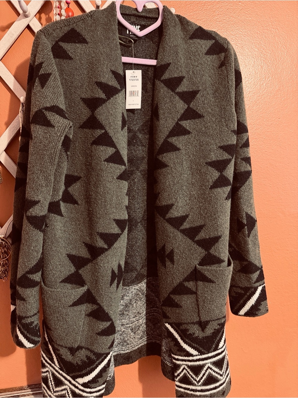 Frye Olive Green and Black Aztec Open-Front Cardigan